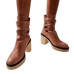 Free People US 9 EU 39 Jesse Cutout Strappy Platform Boots Brown Tan Heeled Boho